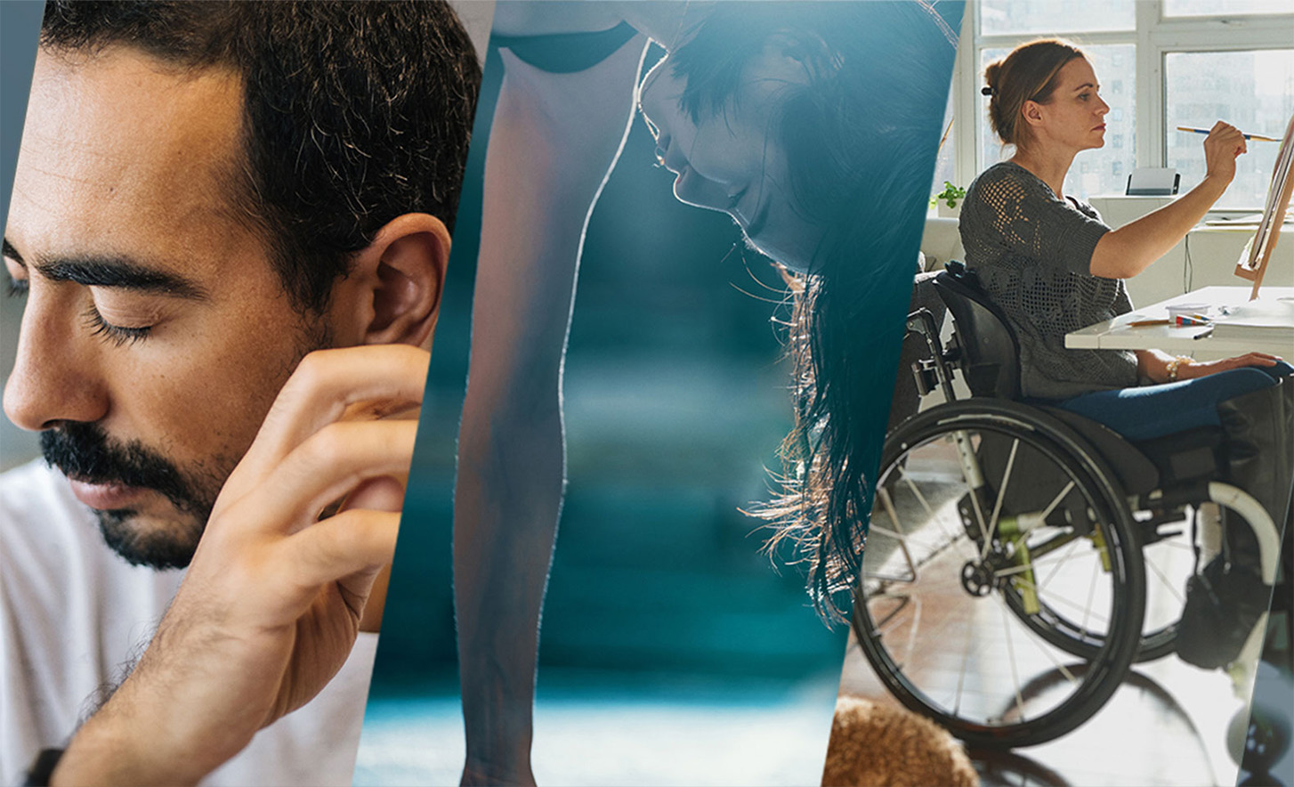 Drie samengevoegde afbeeldingen van een persoon met gesloten ogen, een persoon die een handstand maakt en een persoon in een rolstoel die op een doek aan het schilderen is.