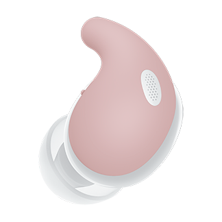 Een wit LinkBuds Fit-oordopje met een roze draagsteun met luchtkussen.