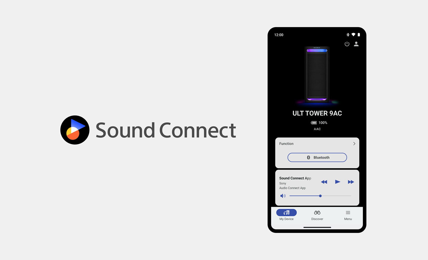 Het sound connect-logo naast een afbeelding van een mobiele telefoon met de Sony Connect-app open en zichtbaar op het scherm