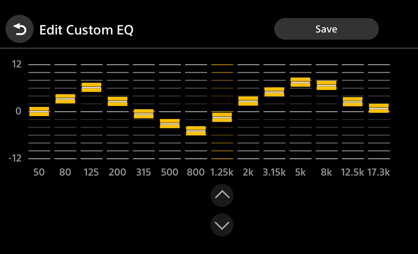Voorbeeld van de gebruikersinterface met de 14-bands equalizer en beschikbare opties