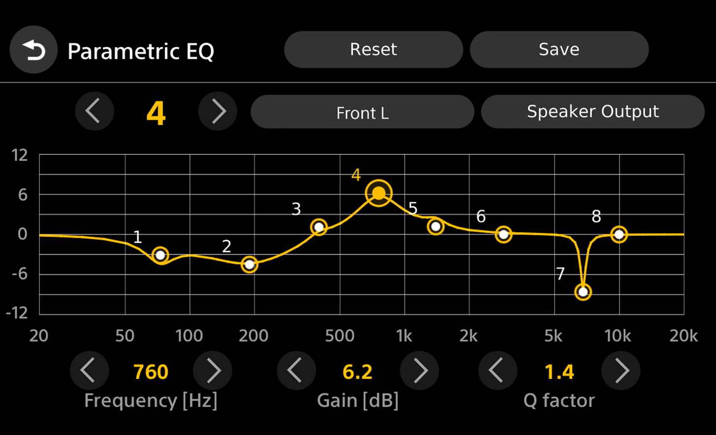 Voorbeeld van de gebruikersinterface met 8-bands parametrische equalizer en beschikbare opties