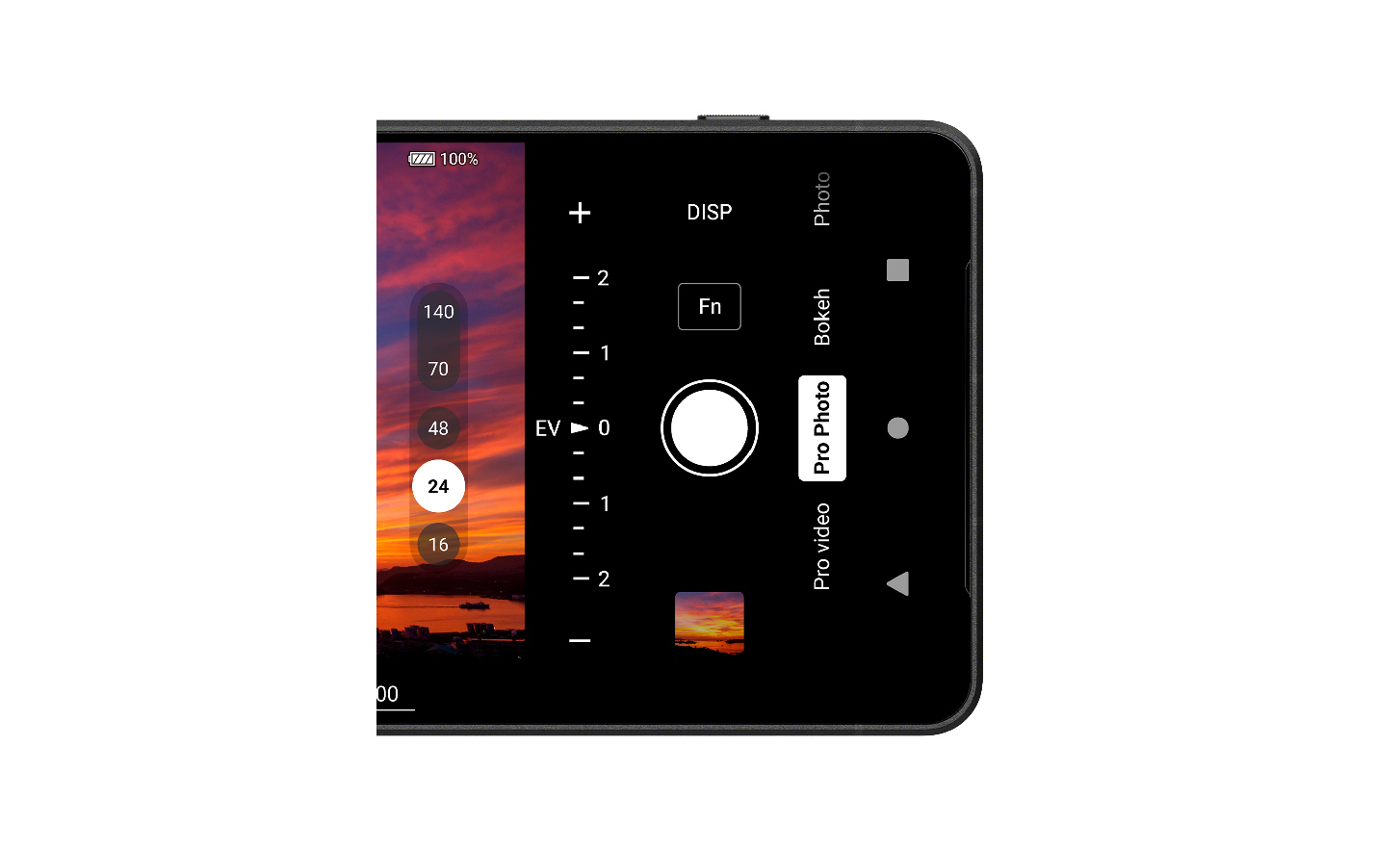 Horizontale close-up van een telefoonscherm met camerabediening