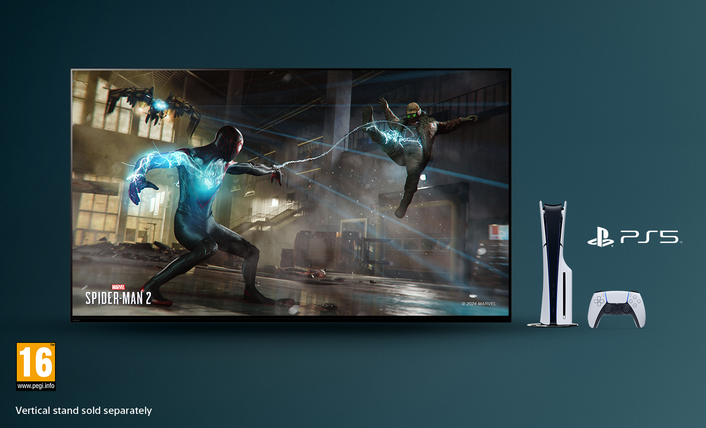 Tv met screenshot van Marvel SPIDER-MAN 2, aan de rechterkant een PlayStation® 5-console en controller en linksonder het PEGI 16-logo